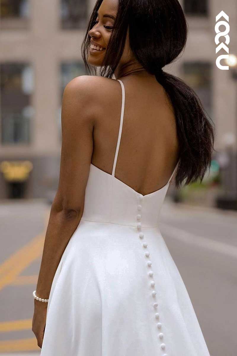 K1011 - V-Neck Spaghetti Straps Ruched A-Line Wedding Dress With Slit