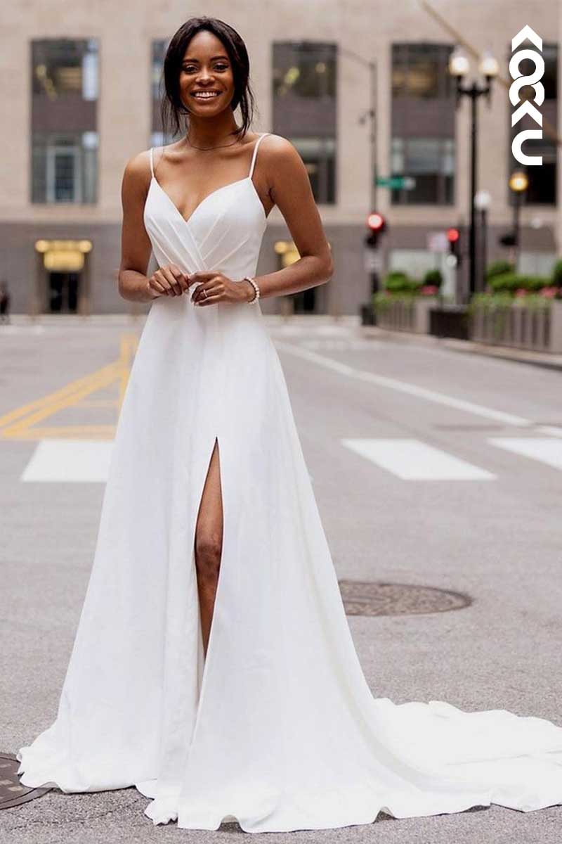 K1011 - V-Neck Spaghetti Straps Ruched A-Line Wedding Dress With Slit