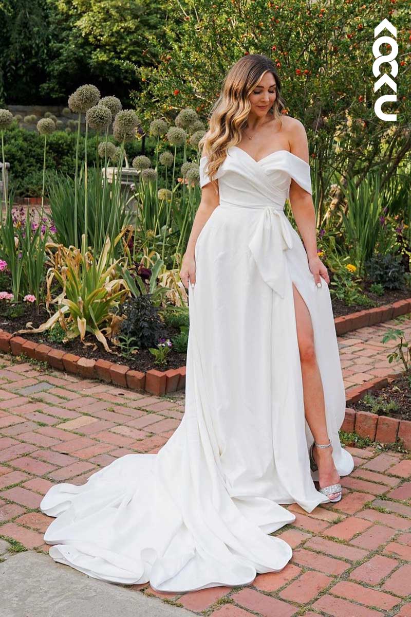 K1012 - Off-Shoulder Ruched Thigh Slit A-Line Wedding Dress With Sweep Train