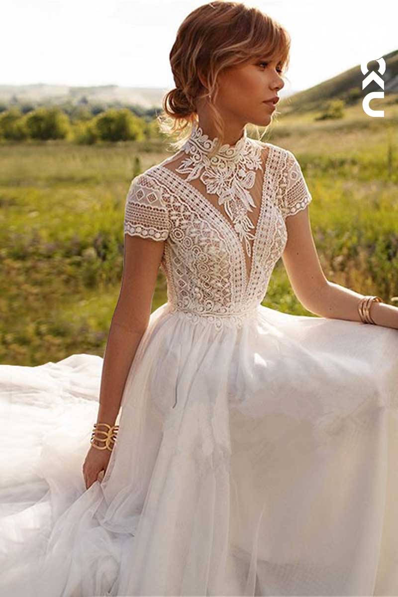 K1013 - High Neck Lace Short Sleeves Cut Outs Backless Tulle Long Wedding Dress