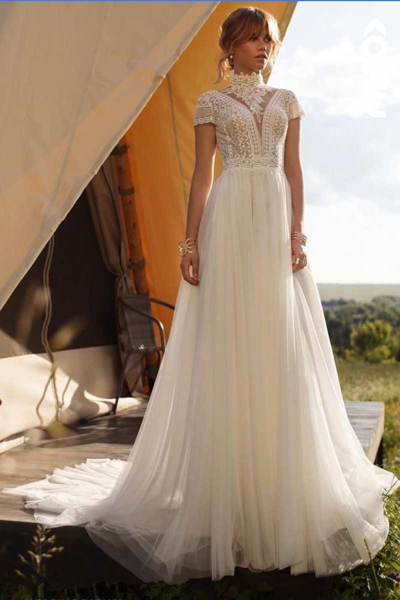 K1013 - High Neck Lace Short Sleeves Cut Outs Backless Tulle Long Wedding Dress