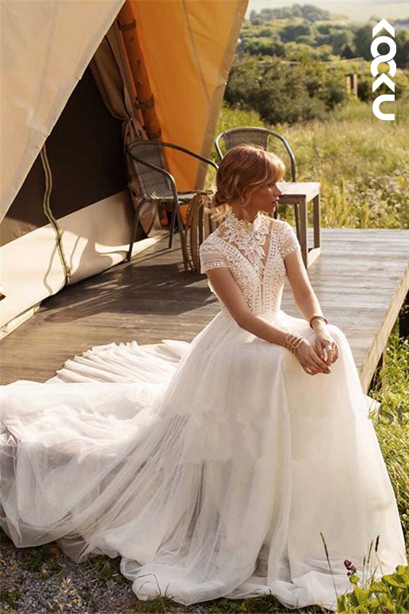 K1013 - High Neck Lace Short Sleeves Cut Outs Backless Tulle Long Wedding Dress