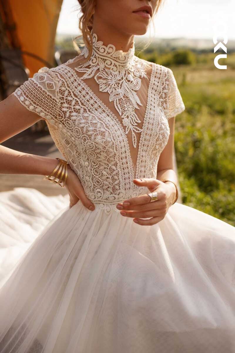 K1013 - High Neck Lace Short Sleeves Cut Outs Backless Tulle Long Wedding Dress