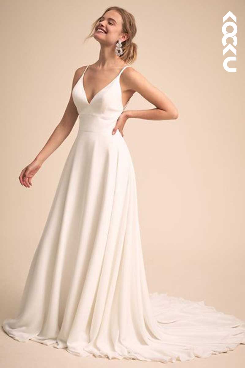 K1014 - V-Neck Spaghetti Straps Lace Long Wedding Dress With Sweep Train