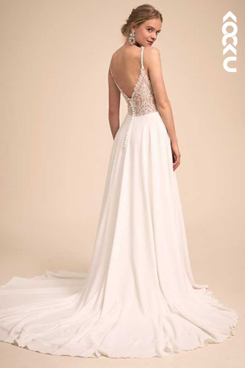 K1014 - V-Neck Spaghetti Straps Lace Long Wedding Dress With Sweep Train