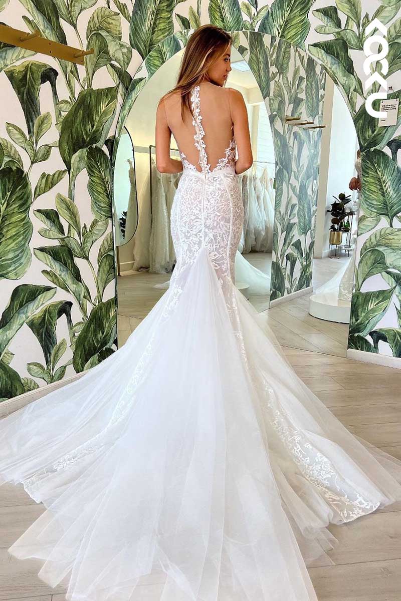 K1015 - Deep V-Neck Lace Appliqued Mermaid Tulle Long Wedding Dress