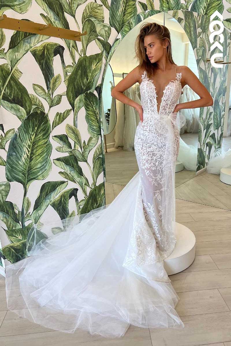 K1015 - Deep V-Neck Lace Appliqued Mermaid Tulle Long Wedding Dress