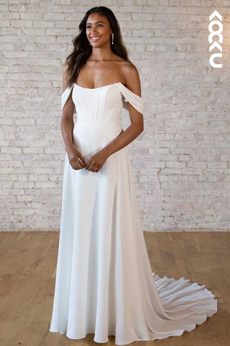 K1016 - Bateau Off-Shoulder Satin Long Wedding Dress With Sweep Train