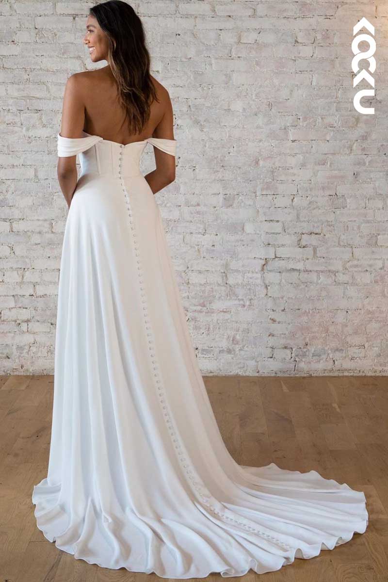 K1016 - Bateau Off-Shoulder Satin Long Wedding Dress With Sweep Train