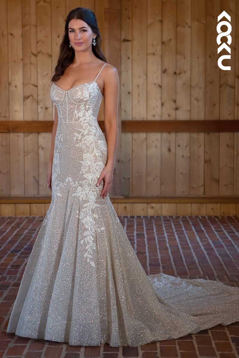 K1017 - Sweetheart Spaghetti Straps Lace Appliqued Sparkly Wedding Dress