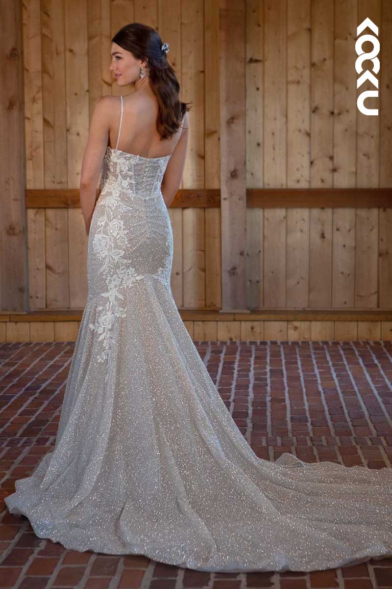 K1017 - Sweetheart Spaghetti Straps Lace Appliqued Sparkly Wedding Dress