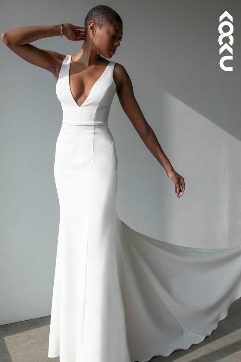 K1018 - Deep V-Neck Backless Satin Mermaid Long Wedding Dress