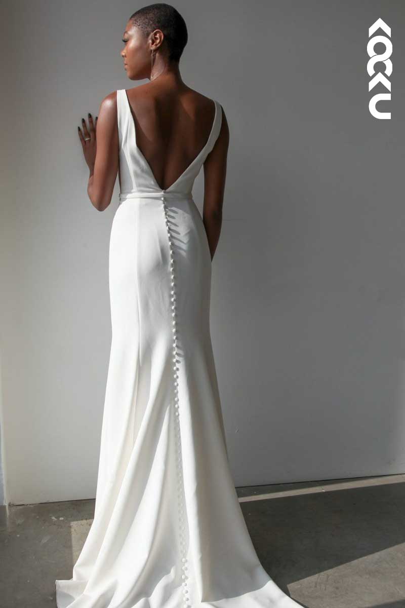 K1018 - Deep V-Neck Backless Satin Mermaid Long Wedding Dress