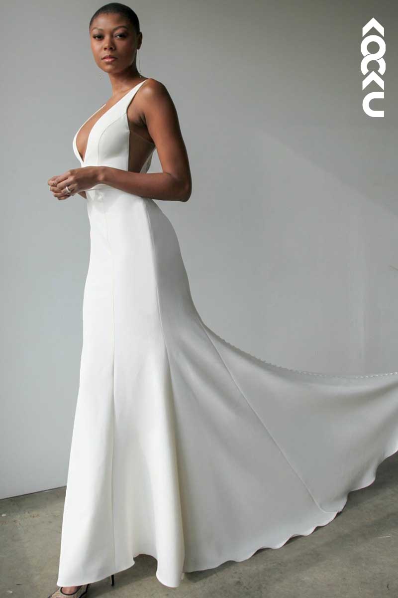 K1018 - Deep V-Neck Backless Satin Mermaid Long Wedding Dress