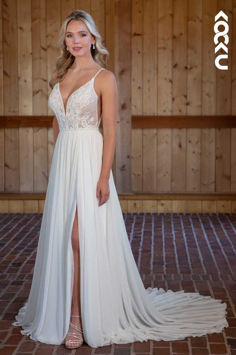 K1019 - V-Neck Spaghetti Straps Appliqued Beaded Wedding Dress With Slit