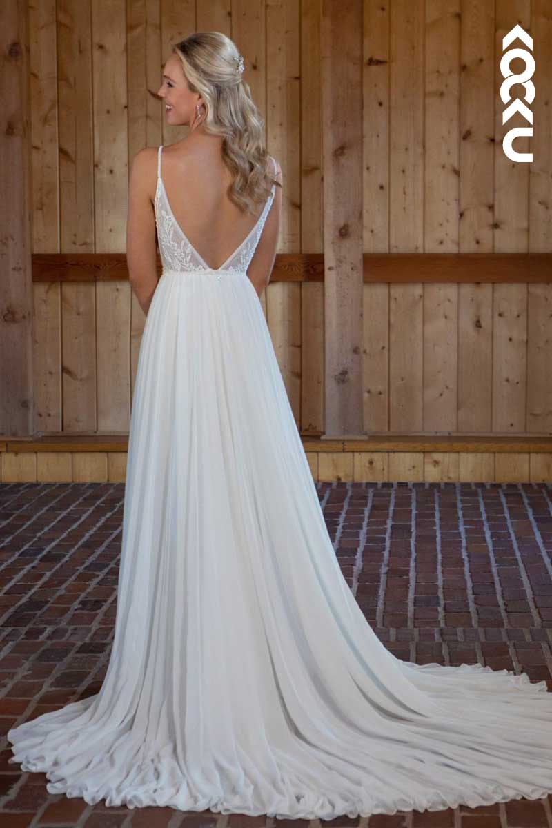 K1019 - V-Neck Spaghetti Straps Appliqued Beaded Wedding Dress With Slit