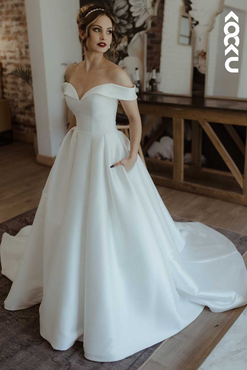 K1020 - Bateau Off-Shoulder A-Line Satin Long Wedding Dress