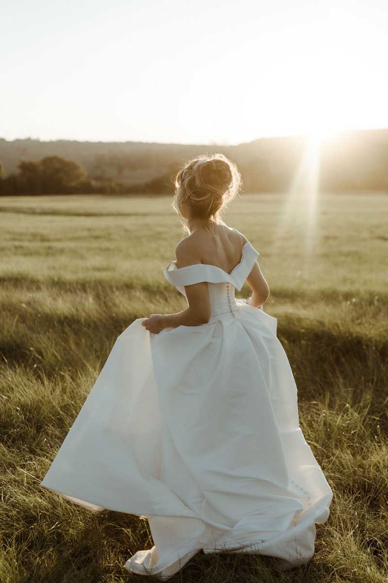 K1020 - Bateau Off-Shoulder A-Line Satin Long Wedding Dress