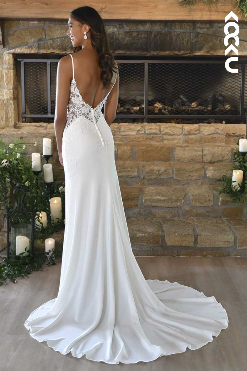 K1024 - V-Neck Spaghetti Straps Lace Appliqued Mermaid Long Wedding Dress