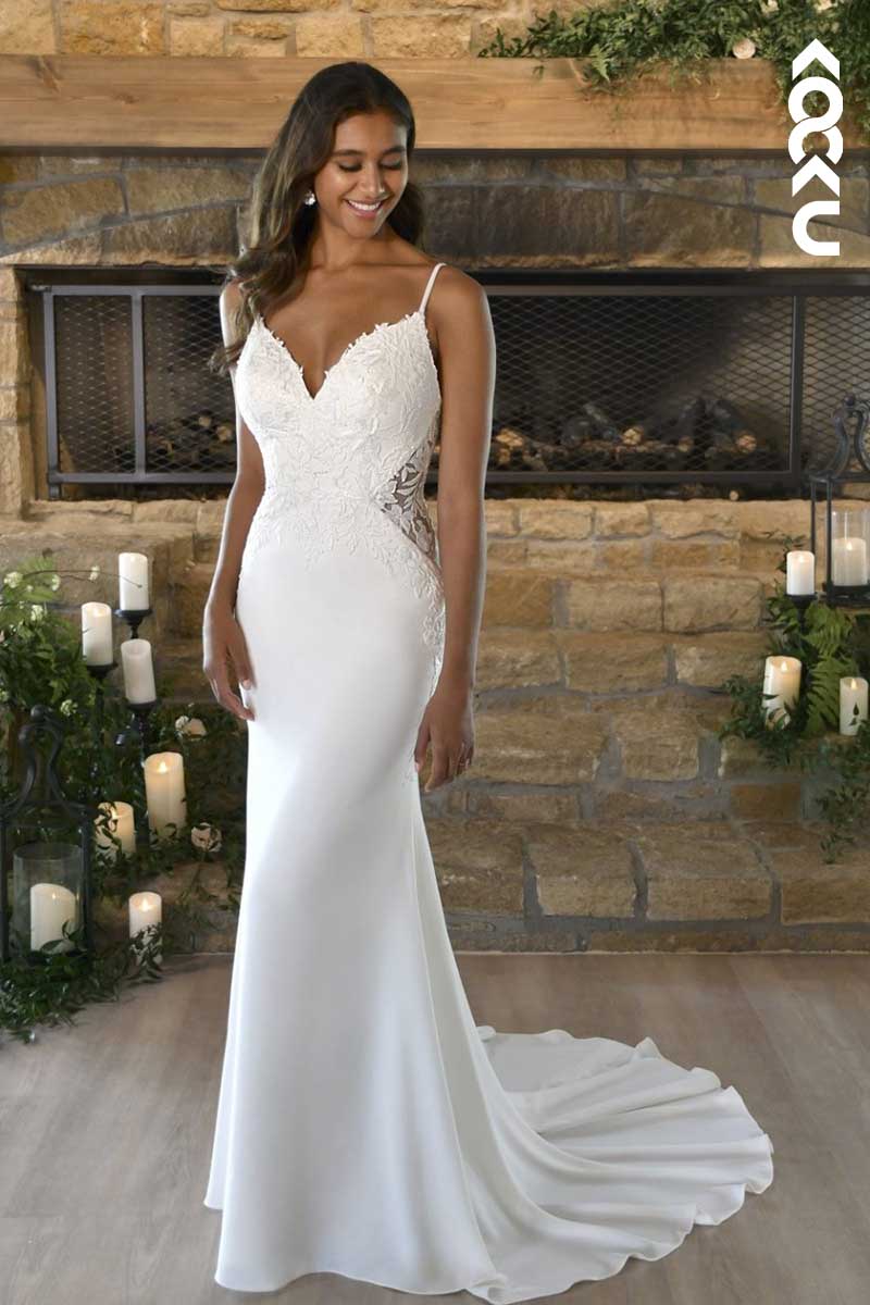 K1024 - V-Neck Spaghetti Straps Lace Appliqued Mermaid Long Wedding Dress