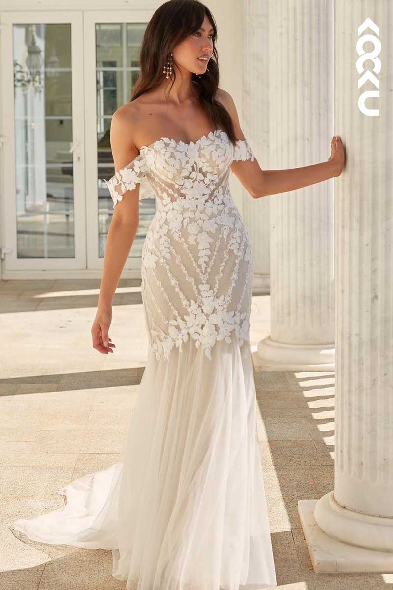 K1025 - Sweetheart Off-Shoulder Lace Appliqued Mermaid Long Wedding Dress