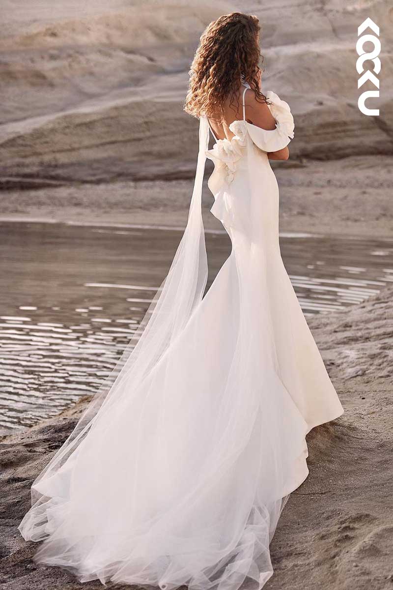 K1028 - Deep V-Neck Asymmetrical Floral Mermaid Long Wedding Dress