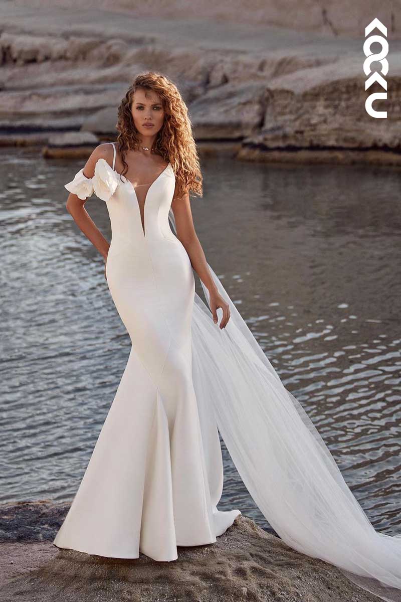 K1028 - Deep V-Neck Asymmetrical Floral Mermaid Long Wedding Dress