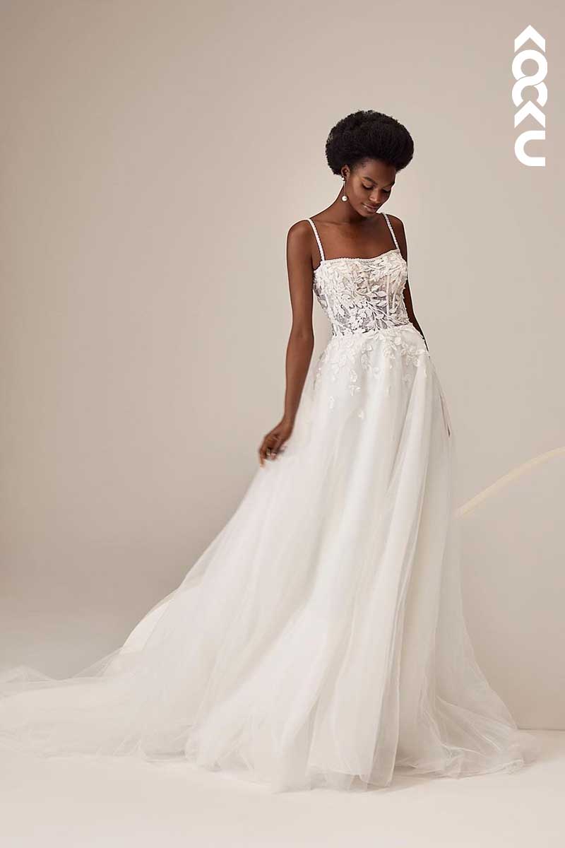 K1030 - Spaghetti Straps Lace Appliqued A-Line Tulle Wedding Dress