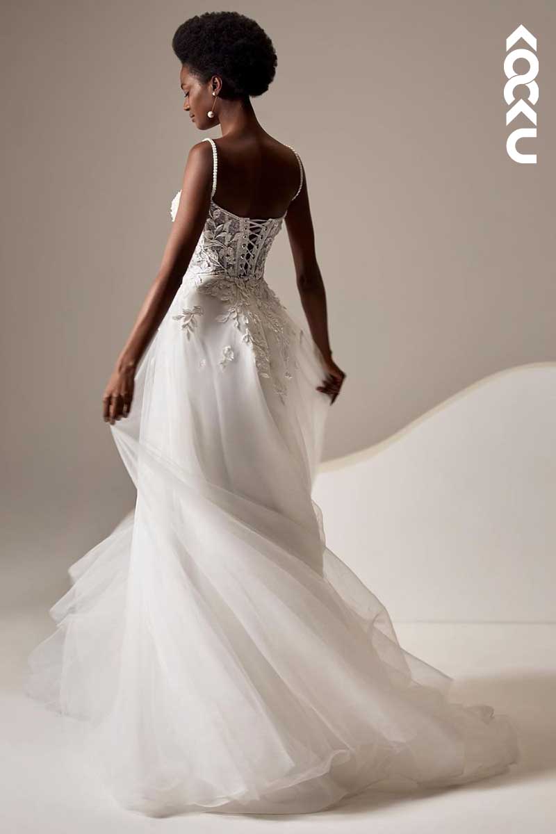 K1030 - Spaghetti Straps Lace Appliqued A-Line Tulle Wedding Dress