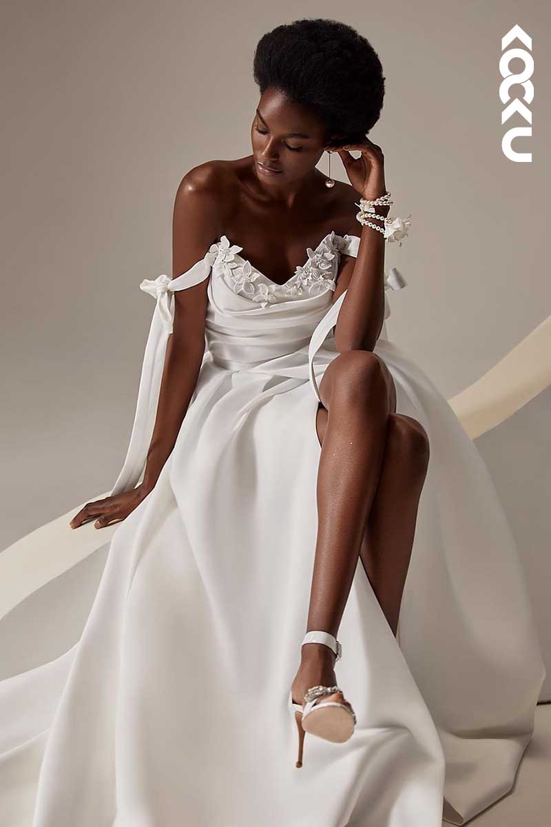 K1031 - V-Neck Off-Shoulder Floral A-Line Wedding Dress With Slit