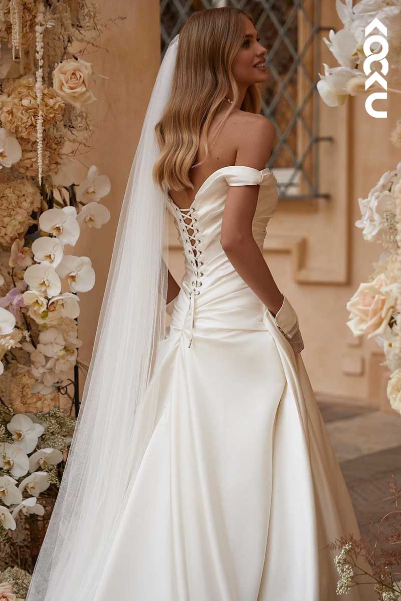 K1035 - Bateau Off-Shoulder Ruched A-Line Long Wedding Dress