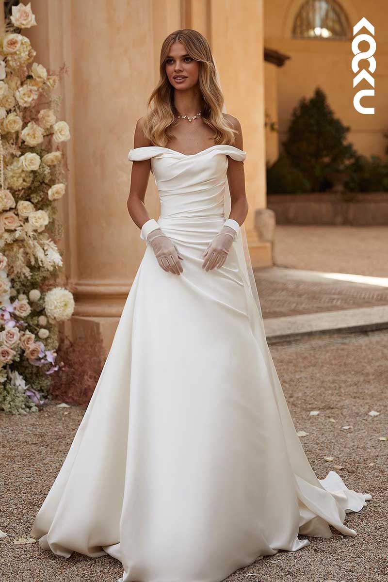 K1035 - Bateau Off-Shoulder Ruched A-Line Long Wedding Dress