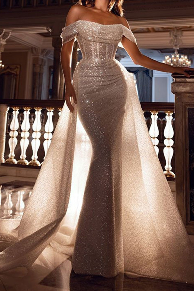 K1036 - Sparkly Sheath Off-Shoulder Ruched Sequined Long Wedding Dress