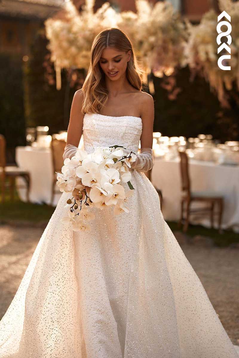 K1037 - Strapless Sparkly Long Wedding Dress With Detachable Sweep Train