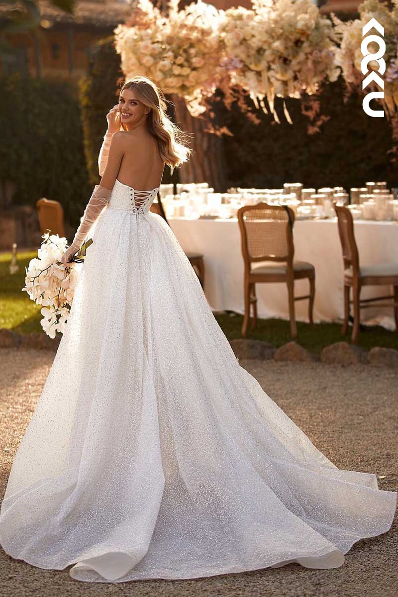 K1037 - Strapless Sparkly Long Wedding Dress With Detachable Sweep Train