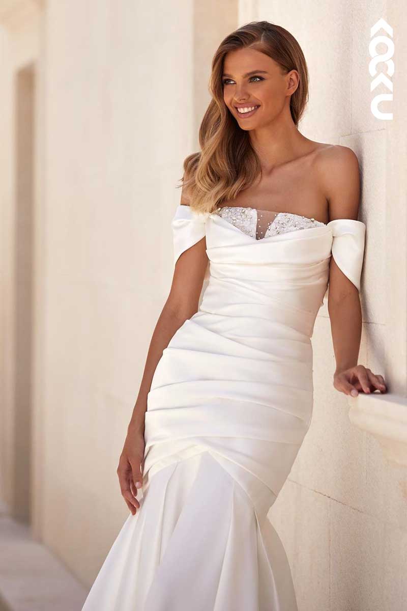 K1038 - Off-Shoulder Beaded Ruched Mermaid Long Wedding Dress