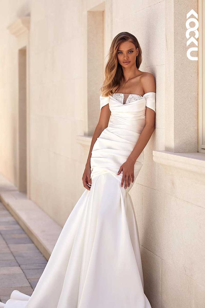 K1038 - Off-Shoulder Beaded Ruched Mermaid Long Wedding Dress