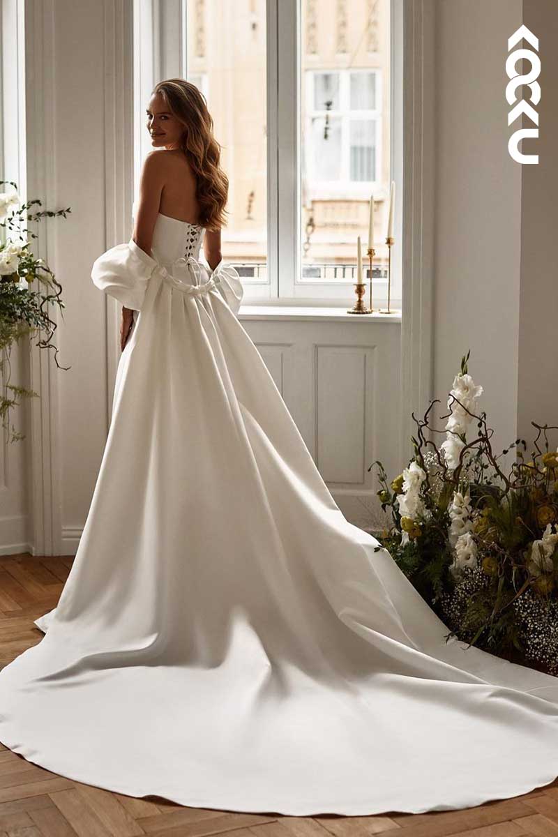 K1039 - V-Neck Strapless Ruched Wedding Dress With Detachable Sweep Train