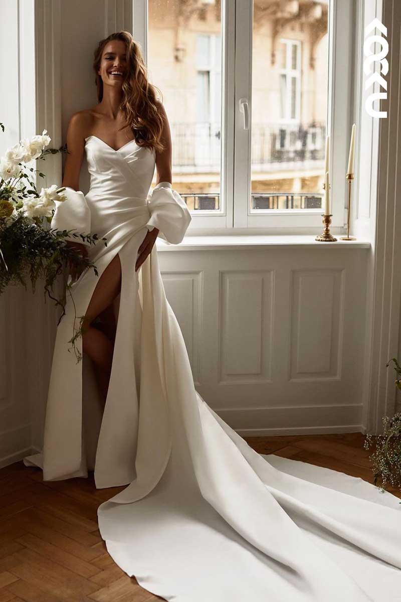 K1039 - V-Neck Strapless Ruched Wedding Dress With Detachable Sweep Train