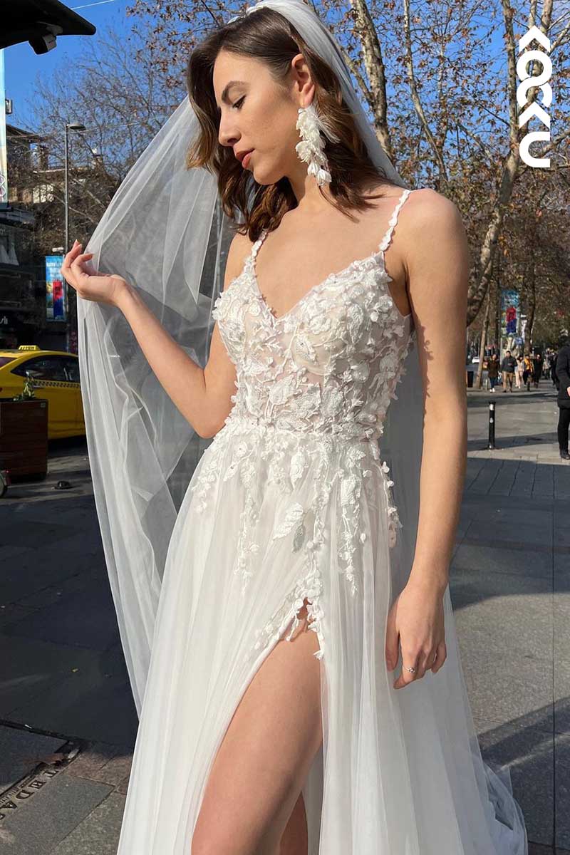 K1041 - V-Neck Spaghetti Straps Lace Appliqued Tulle Wedding Dress With Slit