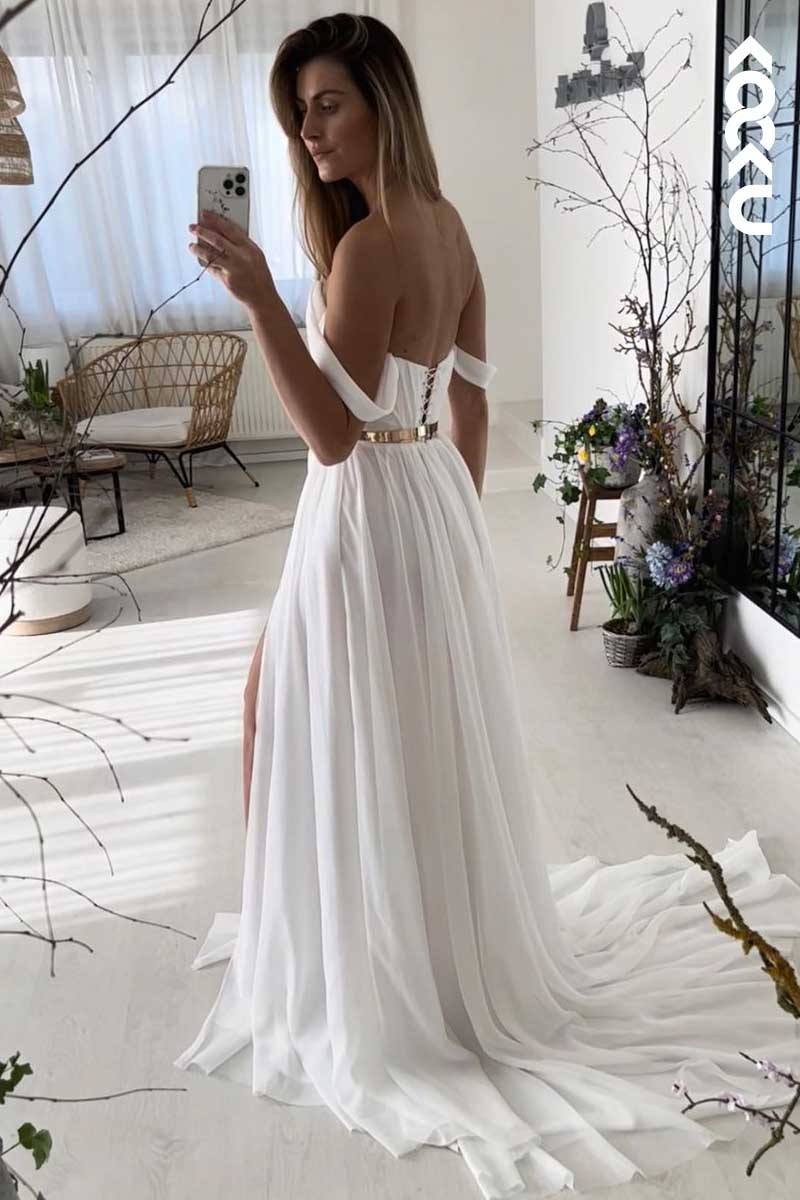 K1042 - V-Neck Off-Shoulder Ruched Tulle Wedding Dress With Slit