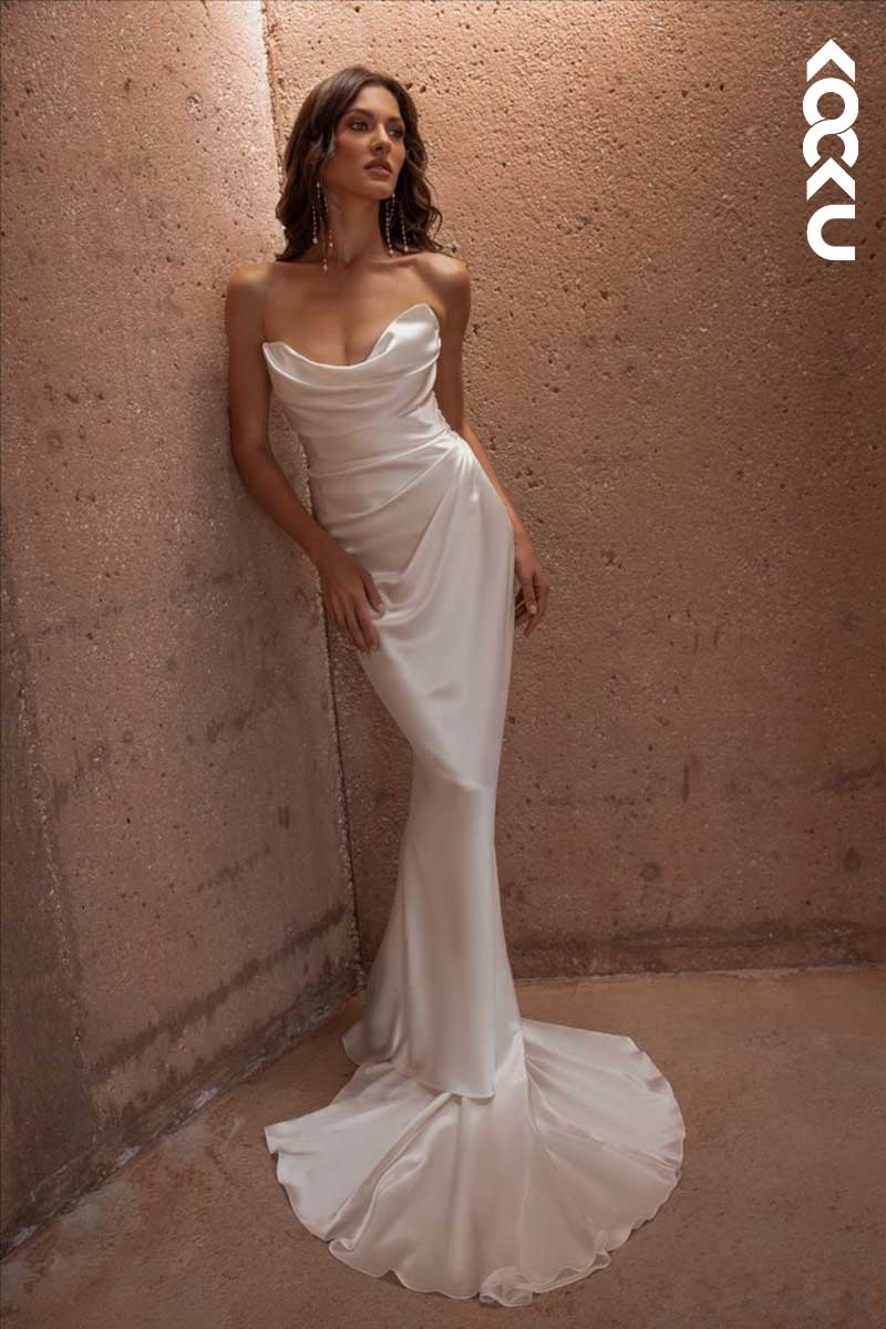 K1044 - Strapless Ruched Sheath Long Wedding Dress With Sweep Train