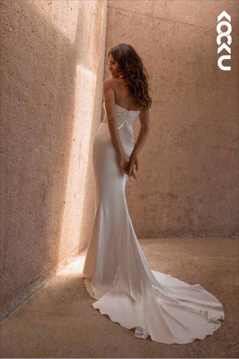 K1044 - Strapless Ruched Sheath Long Wedding Dress With Sweep Train