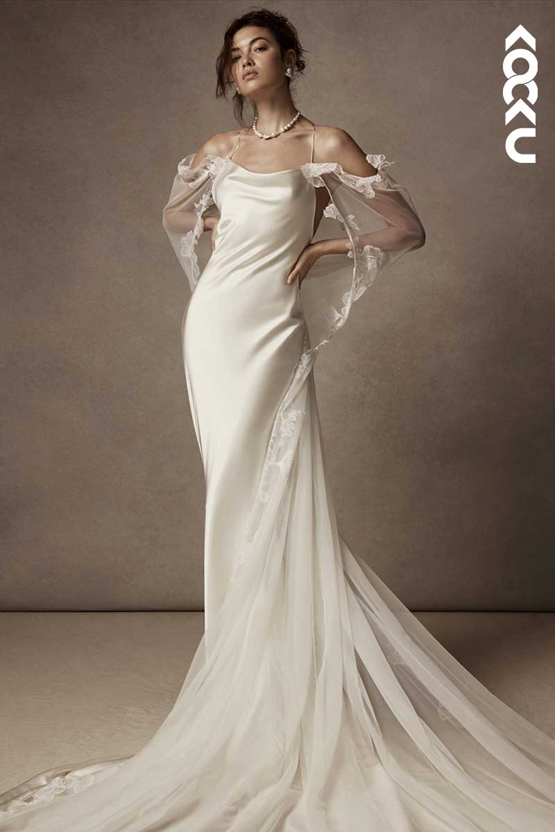 K1045 - Spaghetti Straps Backless Sheath Wedding Dress With Detachable Shawl