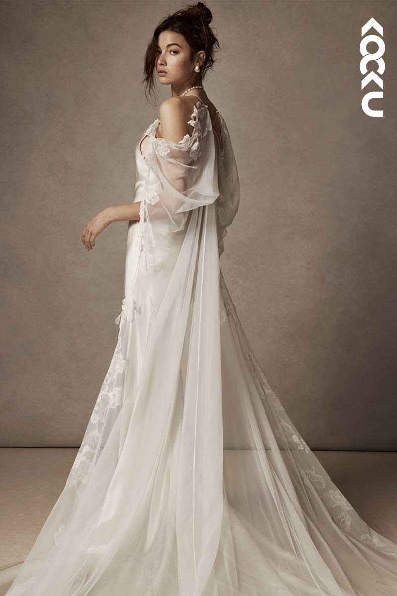 K1045 - Spaghetti Straps Backless Sheath Wedding Dress With Detachable Shawl