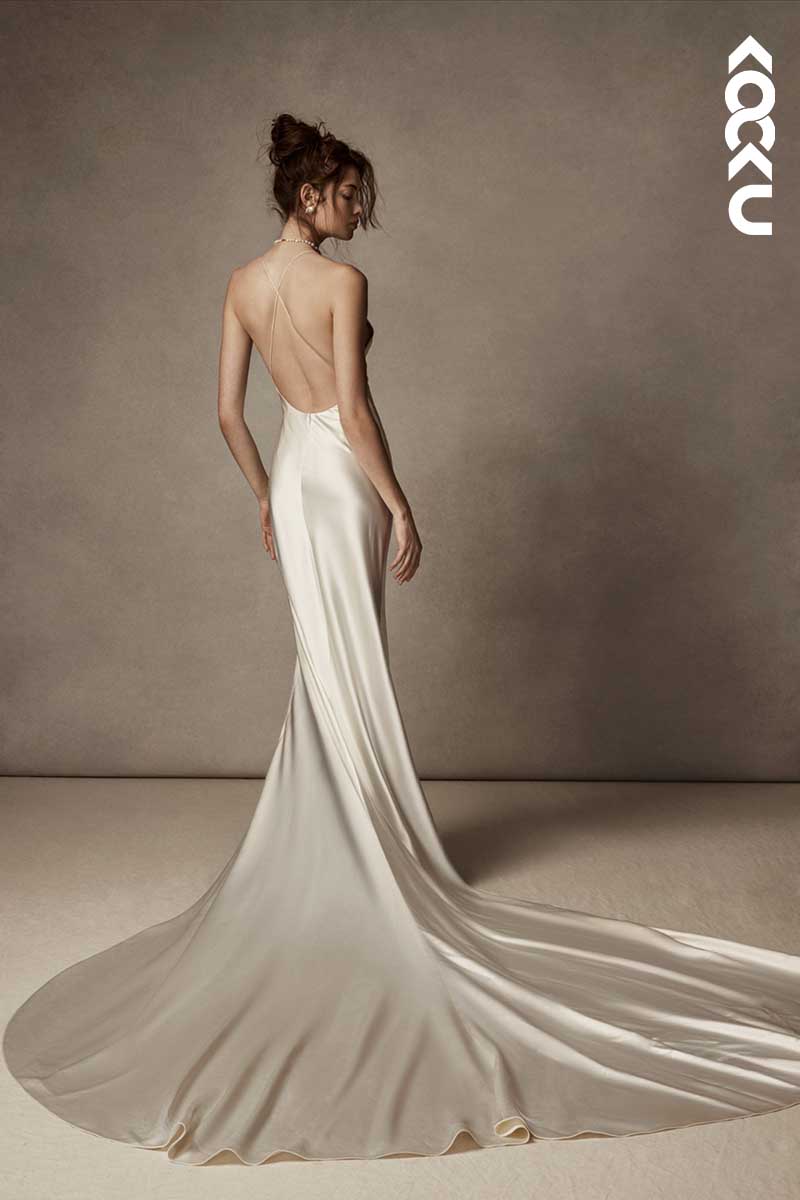 K1045 - Spaghetti Straps Backless Sheath Wedding Dress With Detachable Shawl