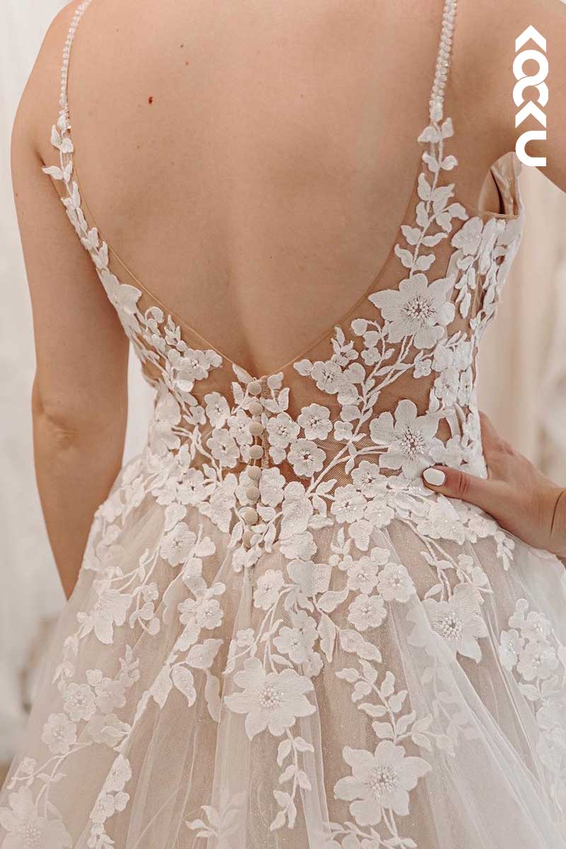 K1047 - Deep V-Neck Spaghetti Straps Lace Appliqued A-Line Wedding Dress