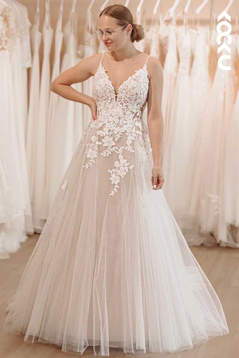 K1047 - Deep V-Neck Spaghetti Straps Lace Appliqued A-Line Wedding Dress