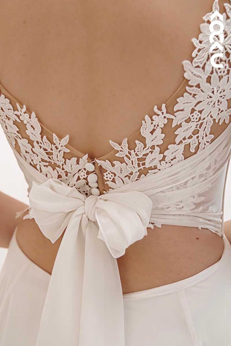 K1048 - Deep V-Neck Cut Outs Lace Appliqued Satin Wedding Dress With Bow