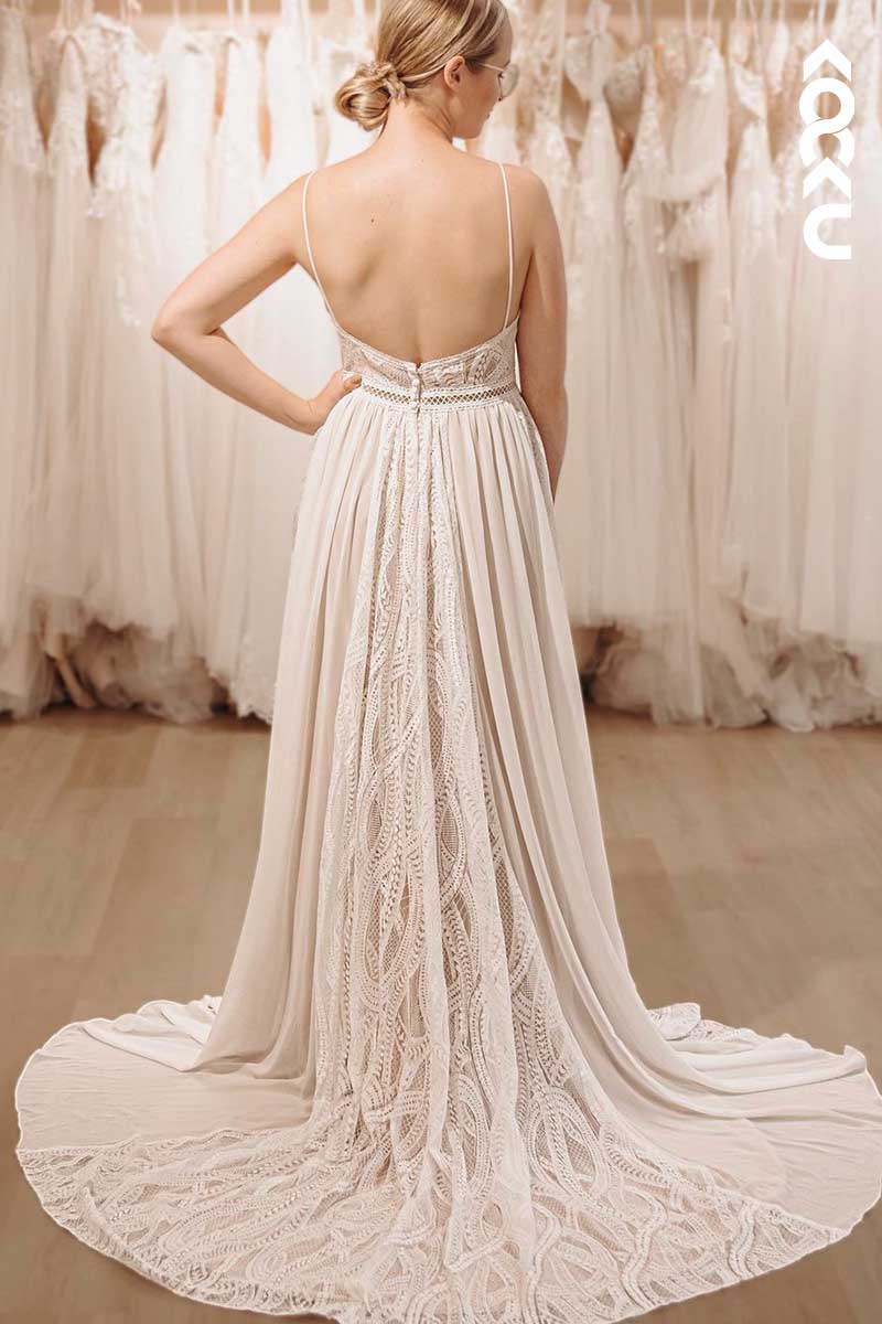 K1049 - Deep V-Neck Spaghetti Straps Backless Lace Wedding Dress